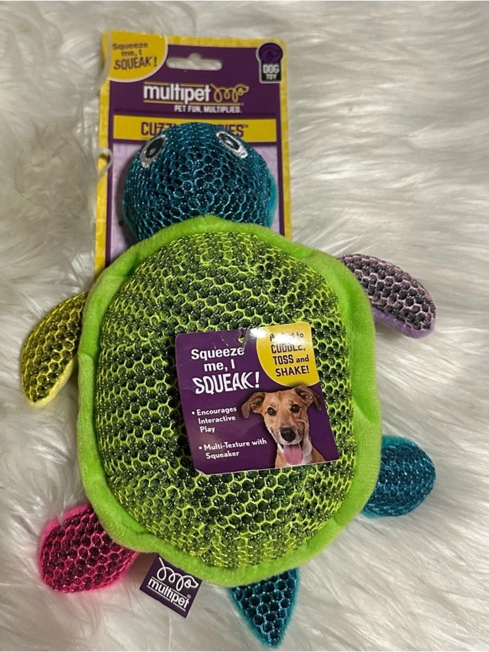 Green & Teal Turtle Squeak Dog Toy and plush dog can